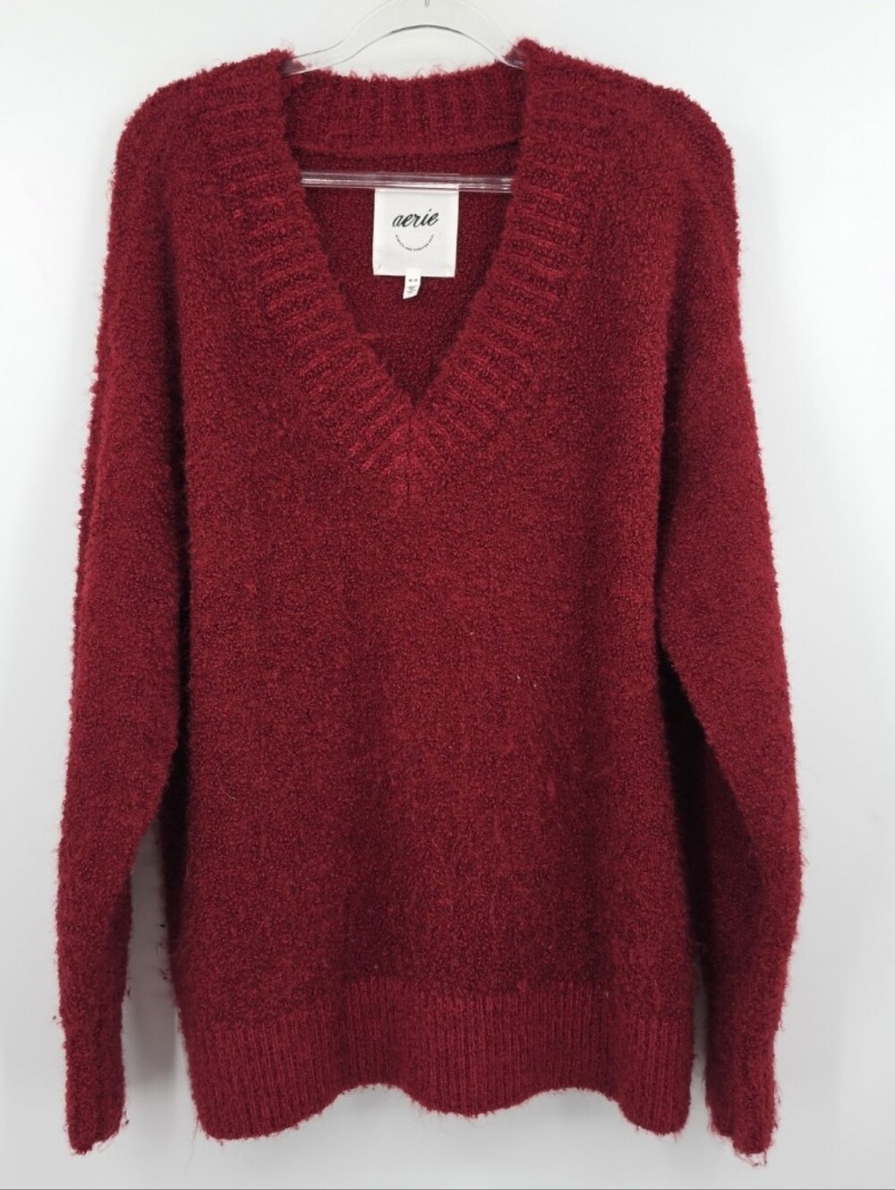 Aerie V Neck Sweater Medium Red Oversized Boucle Knit